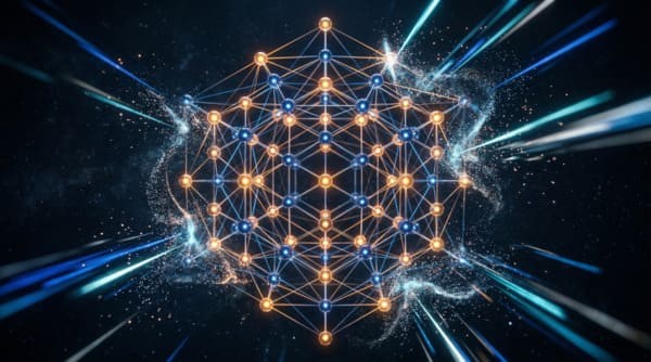 A perfectly stable, geometric lattice of glowing amber and deep blue nodes suspended in a dark void