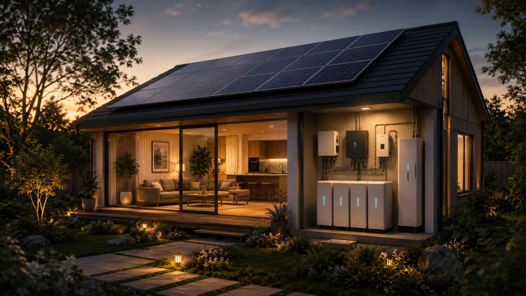 A house at dusk with rooftop solar and battery storage, warm interior light glowing — the edge of the grid becoming a node
