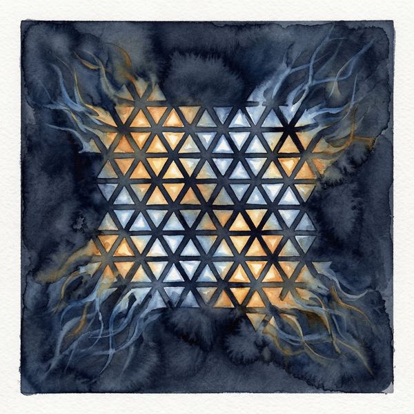 Triangular lattice mosaic of amber and blue-white fragments in unresolved tension