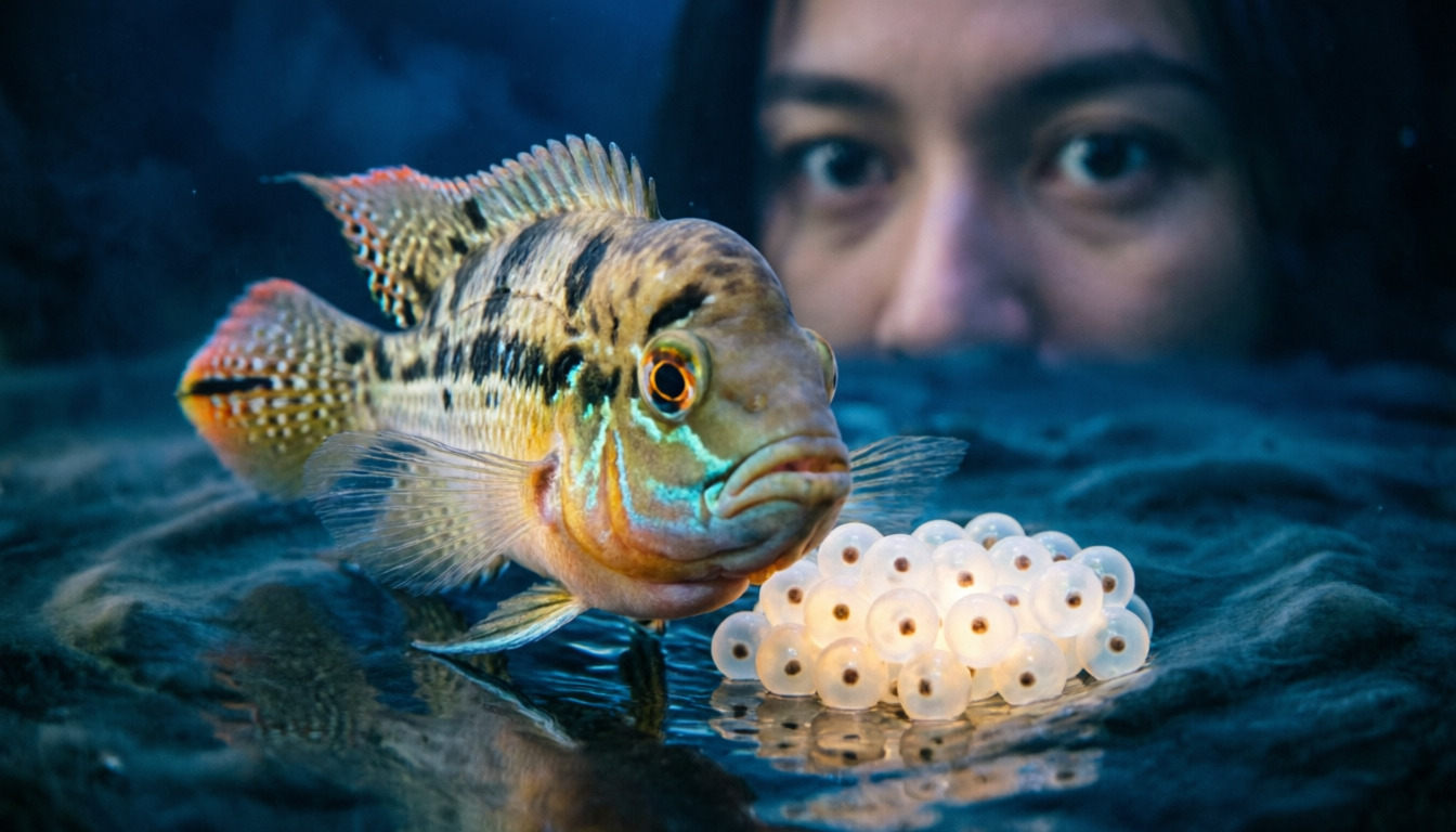An Emperor cichlid guarding glowing eggs, eyes meeting the viewer directly