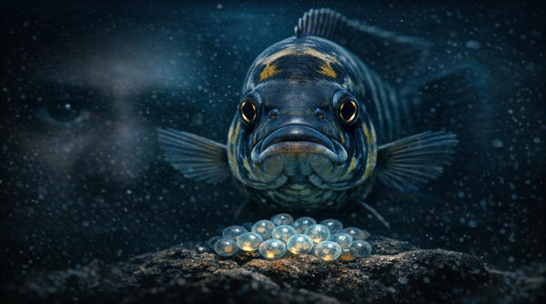 Emperor Cichlid guarding glowing eggs with a faint human eye observing in the background