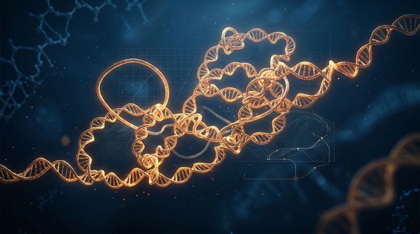 Glowing DNA strands actively folding into a complex, luminous 3D topographical architecture