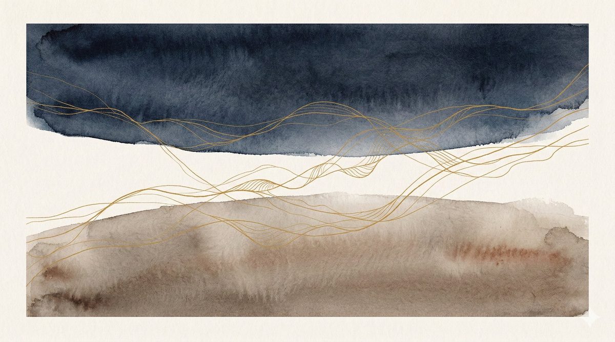 Dark sky and warm earth with gold threads flowing in the space between