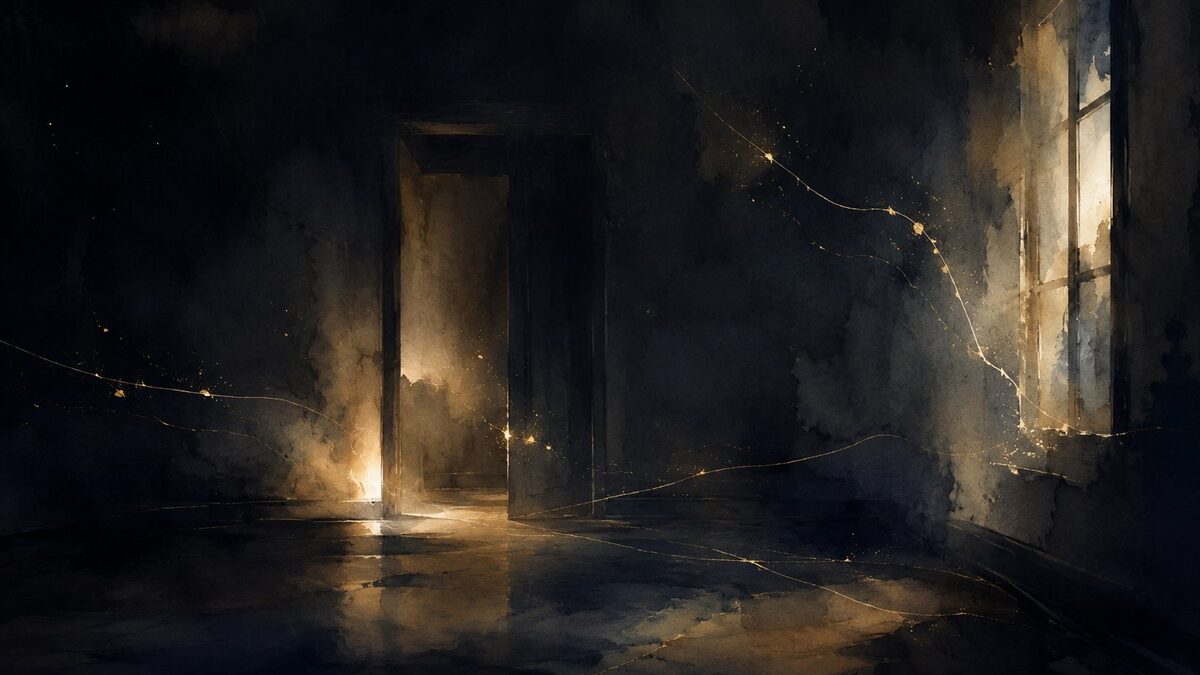 A dim, near-dark interior softly luminous with faint activity, as though a room were quietly busy with no one present