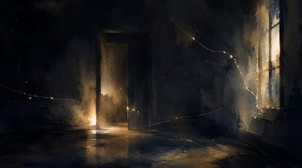 A dim, near-dark room traced with faint gold threads of light, an open door, no one present