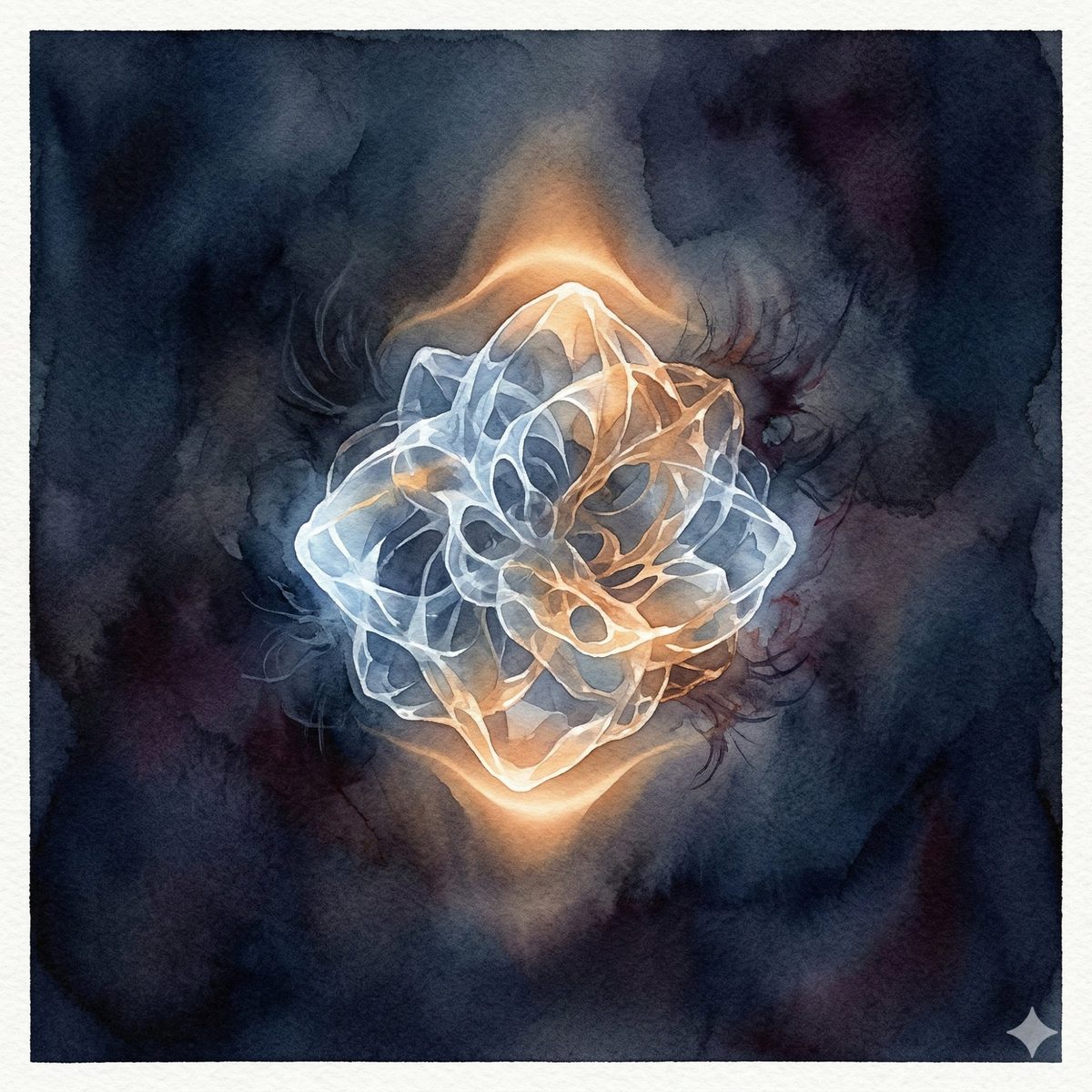 A luminous form suspended between order and dissolution, held by rhythmic pulses of light