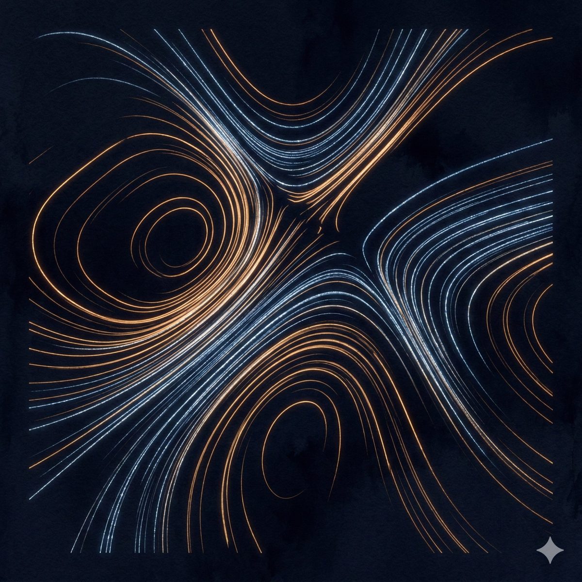 Luminous curves bending through invisible architecture — amber and blue-white light