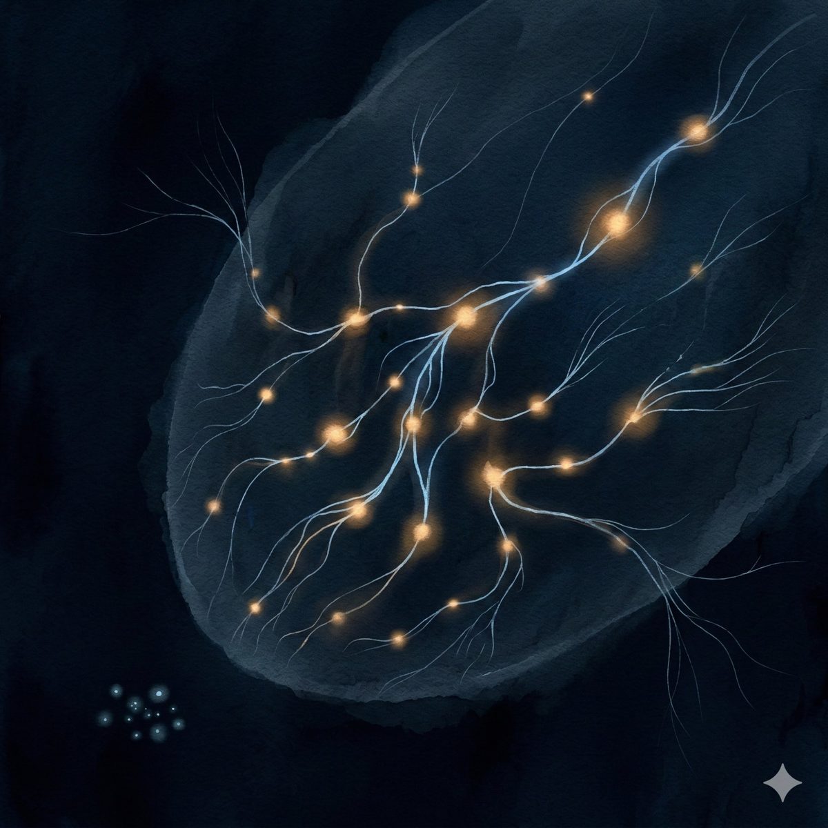 Vast bioluminescent organism with amber nodes and blue threads — something with its own logic