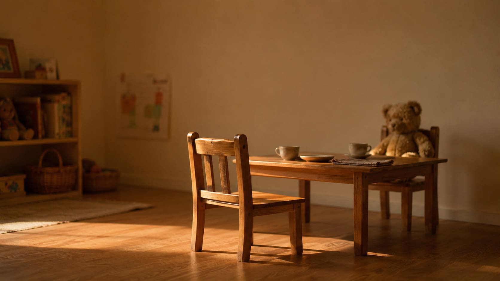 A small empty chair beside a child's table set with two cups, late afternoon light falling through a window, soft shadows, the room quiet and ordinary