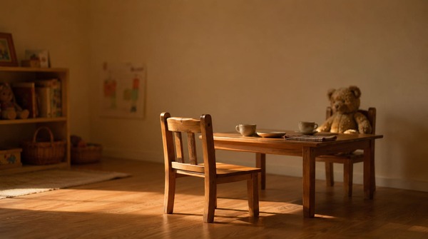 A small empty chair beside a child's table set with two cups, late afternoon light falling through a window