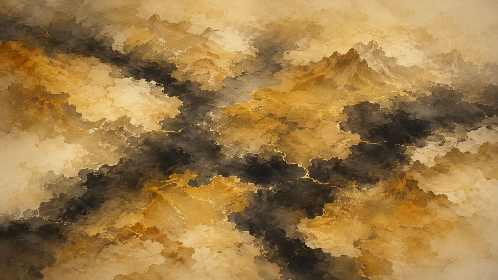 A watercolor map seen from above — warm gold landmasses divided by dark channels, a few faint gold threads bridging the gaps