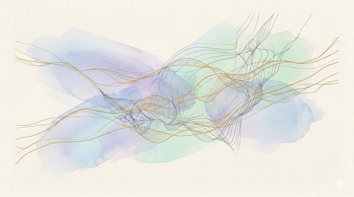 Two warm currents intertwined with gold — flowing together without canceling