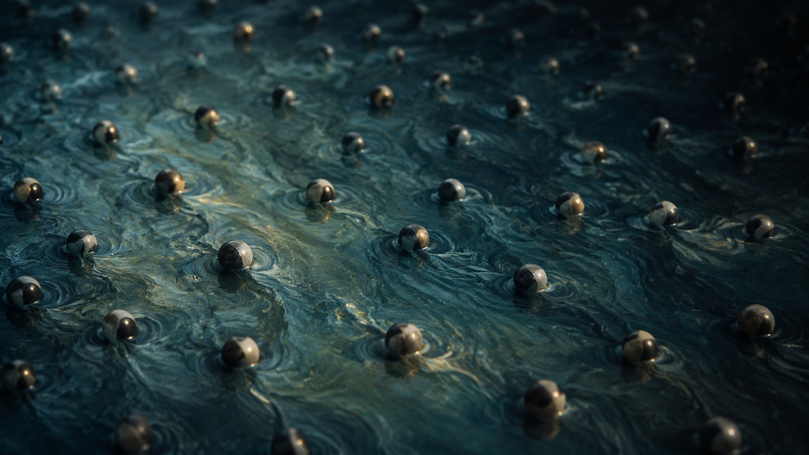 Two-toned microscopic spheres suspended in dark luminous liquid, each trailing ripples that meet the ripples of its neighbours