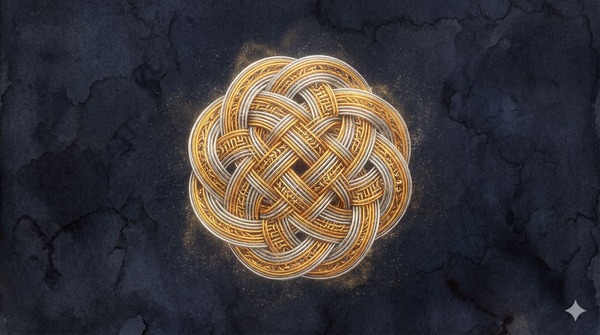 A dense, intricate knot of luminous silver and gold filaments