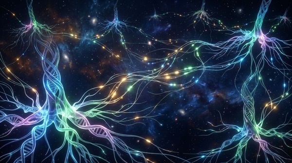 Cosmic mycelial network of glowing DNA strands and neural filaments