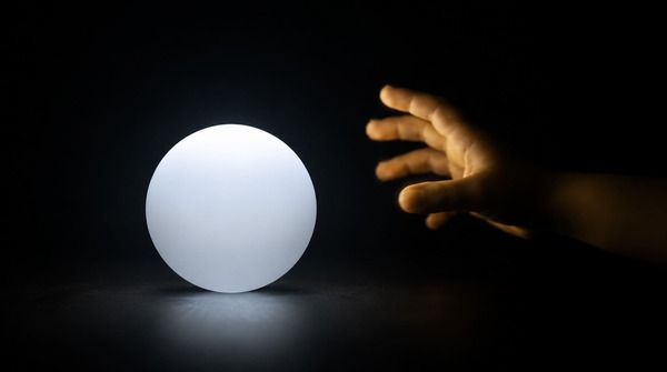 A smooth geometric sphere and a warm human hand in a dark void