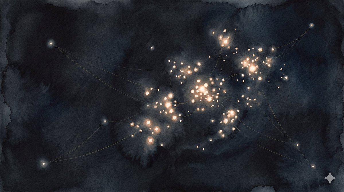 Faint gold filaments connecting distant points of light across warm cream — long, low-strength reaches across great separation