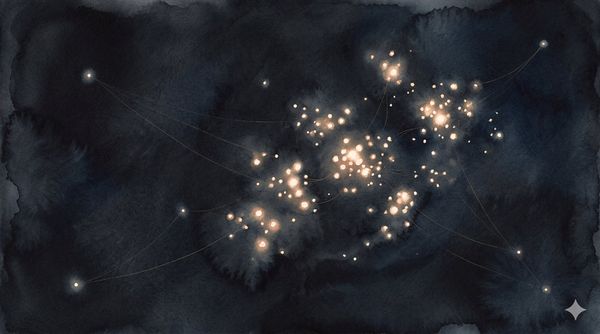 Faint gold filaments connecting distant points of light across dark watercolour