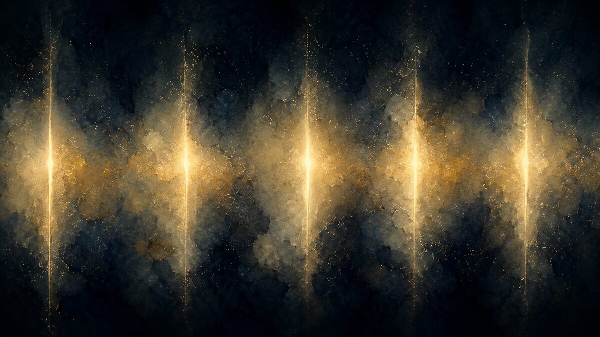 A series of bright pulses of light against deep dark space, with the dark intervals between them softly luminous — the gaps themselves holding a faint glow