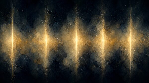A row of bright golden pulses of light against deep dark space, the dark intervals between them softly luminous